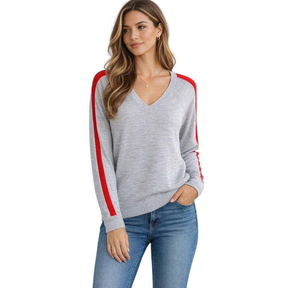 BANANA REPUBLIC | Merino Wool Gray V Neck Red Stripe Sleeve Sweater Preppy | XL